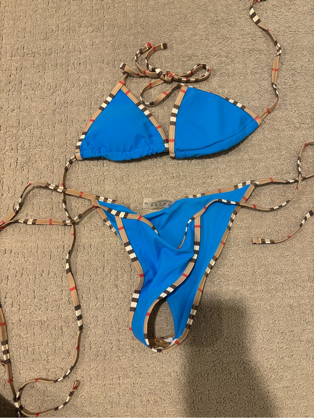 Bright Blue Triangle String Bikini with Check Trim